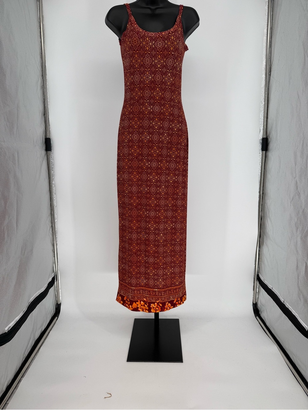 Vintage Bodycon Sleeveless Red Patterned Maxi Dress size large